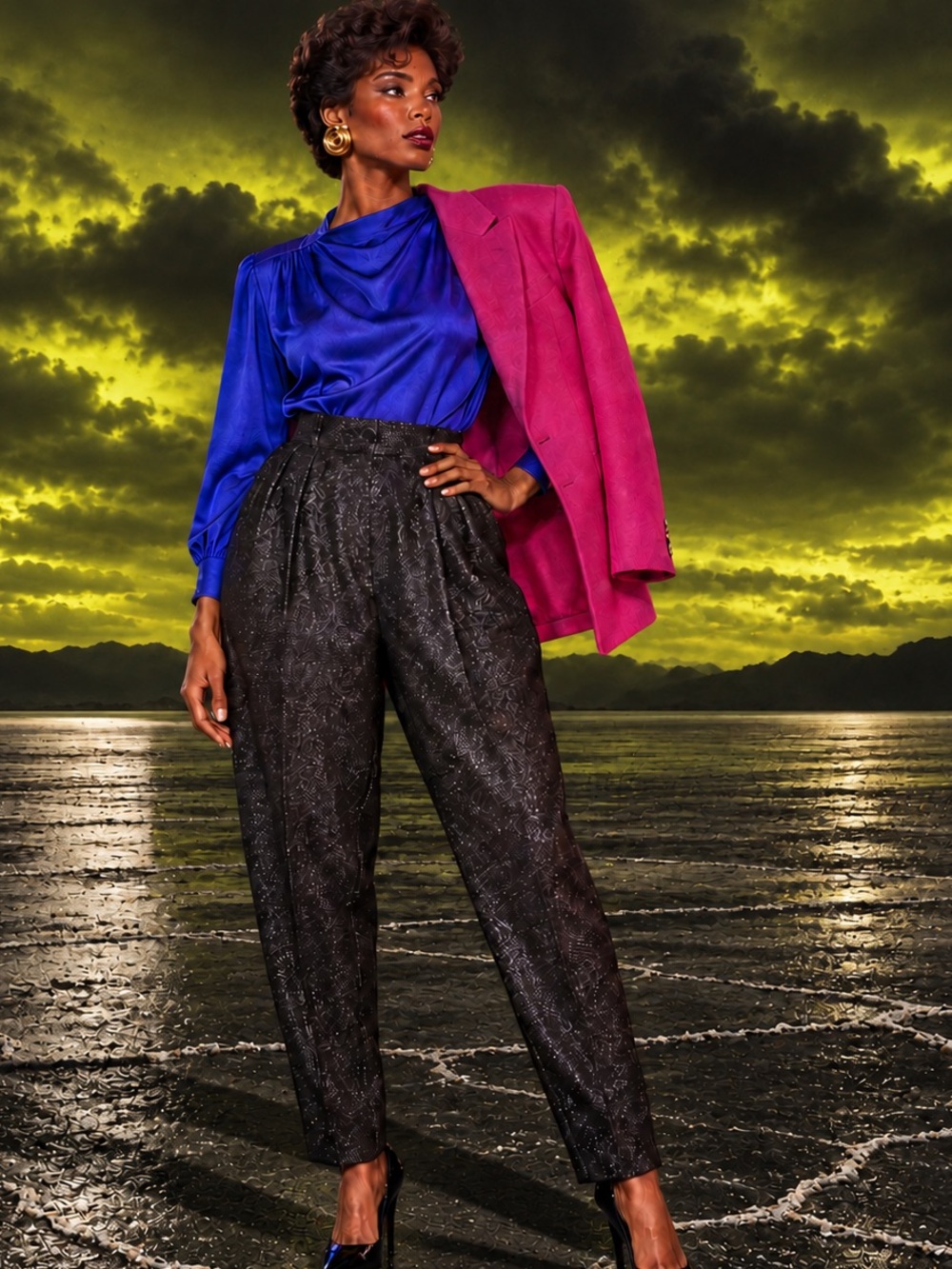 Vintage Metallic Wool Pleated Tapered Pants| Size 10